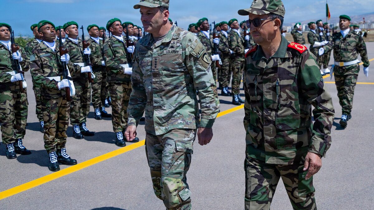 U.S. Army Gen. Christopher Donahue walks with Moroccan General Mohammed Berrid at Southern Zone Headquarters in Agadir, 2026.